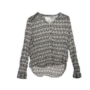 Aeropostale Blouse Women's L Long Sleeve Henley Button Front Black White Career